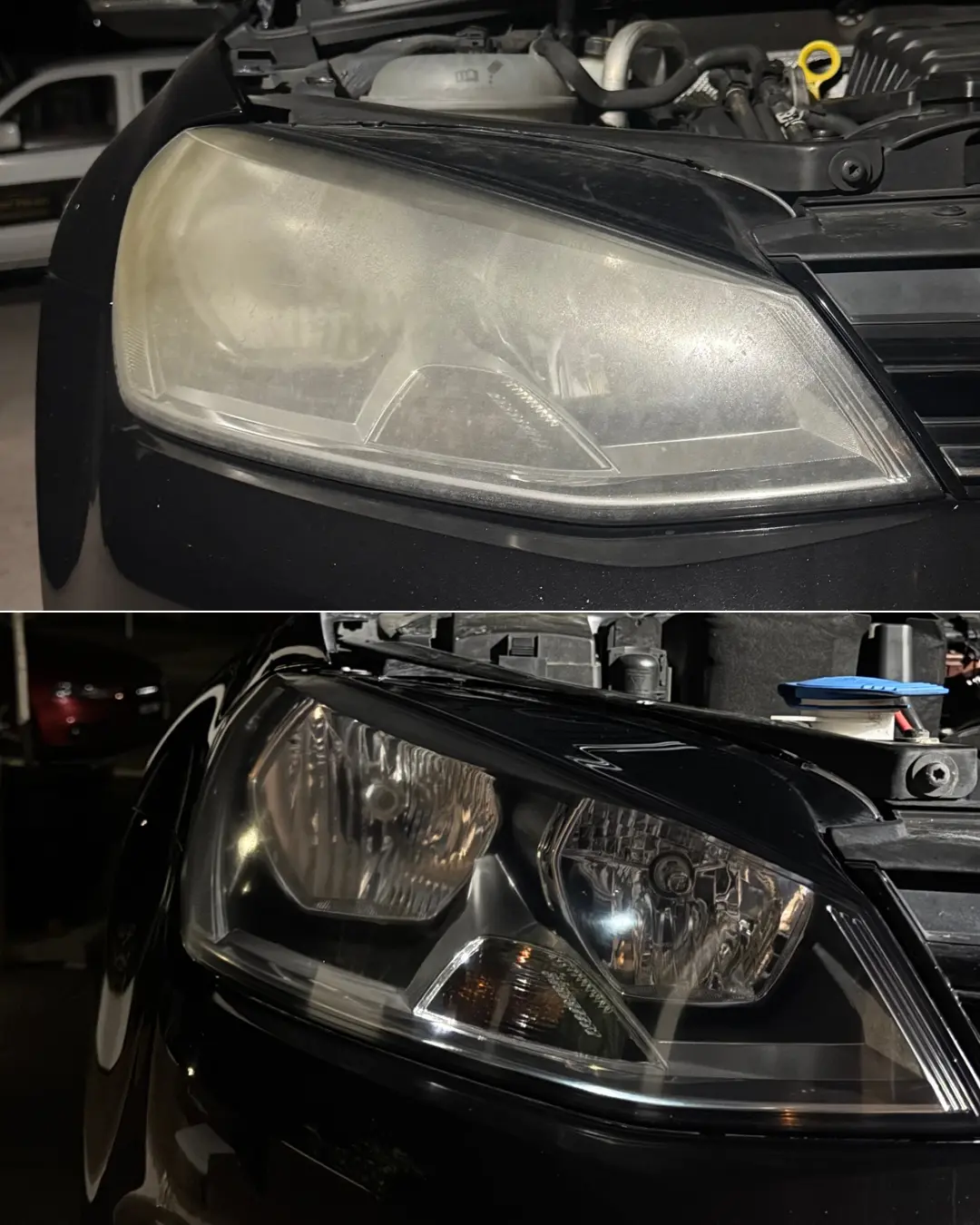Yellowed headlight on a black car before and after full restoration