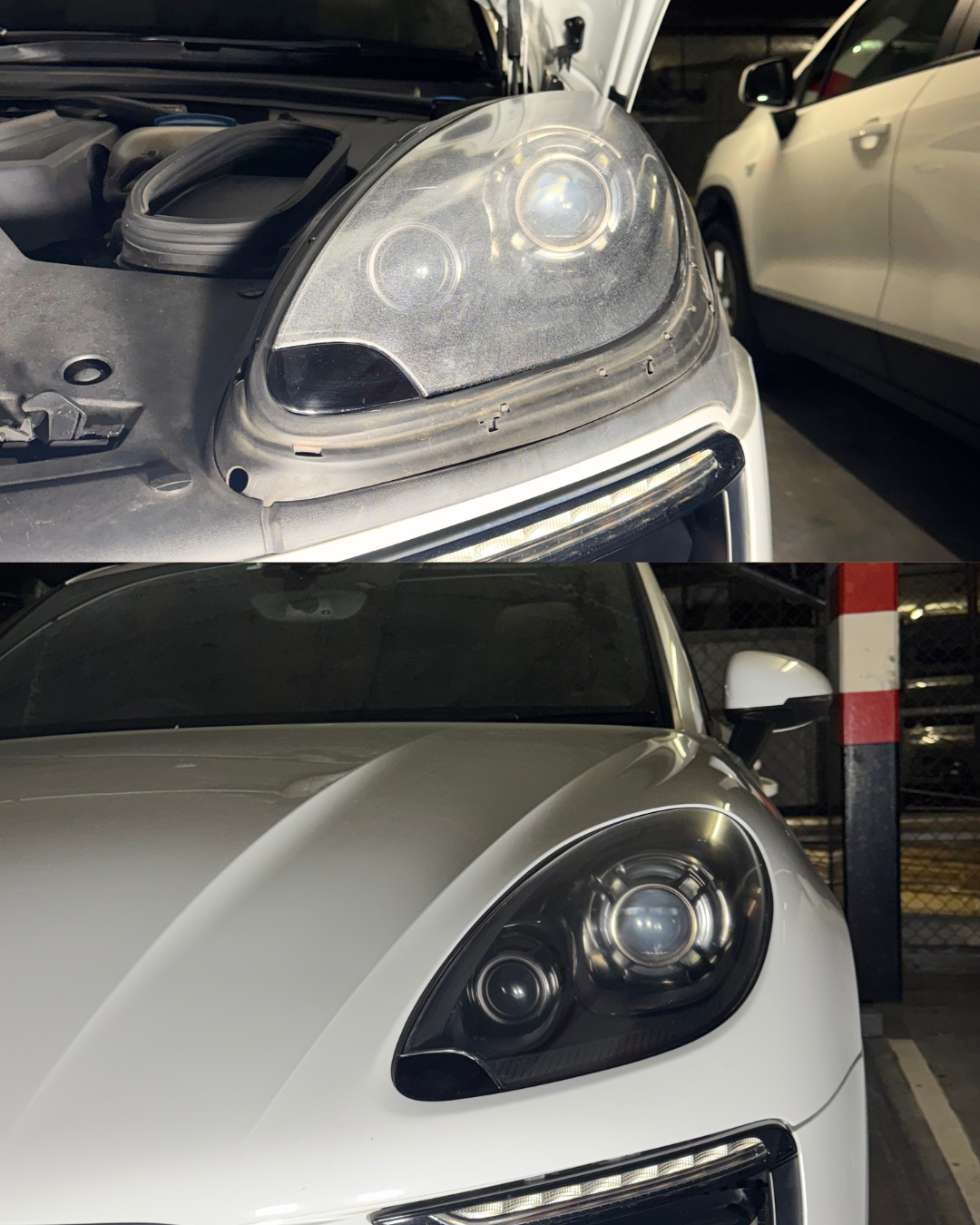 Porsche headlight before and after restoration — oxidised grey lens restored to clear gloss
